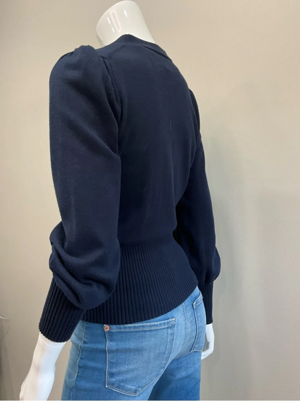 TRINA TURK Navy V-Neck Button Front Cardigan Ribbed Waist Puff Sleeve XS - Picture 4 of 10